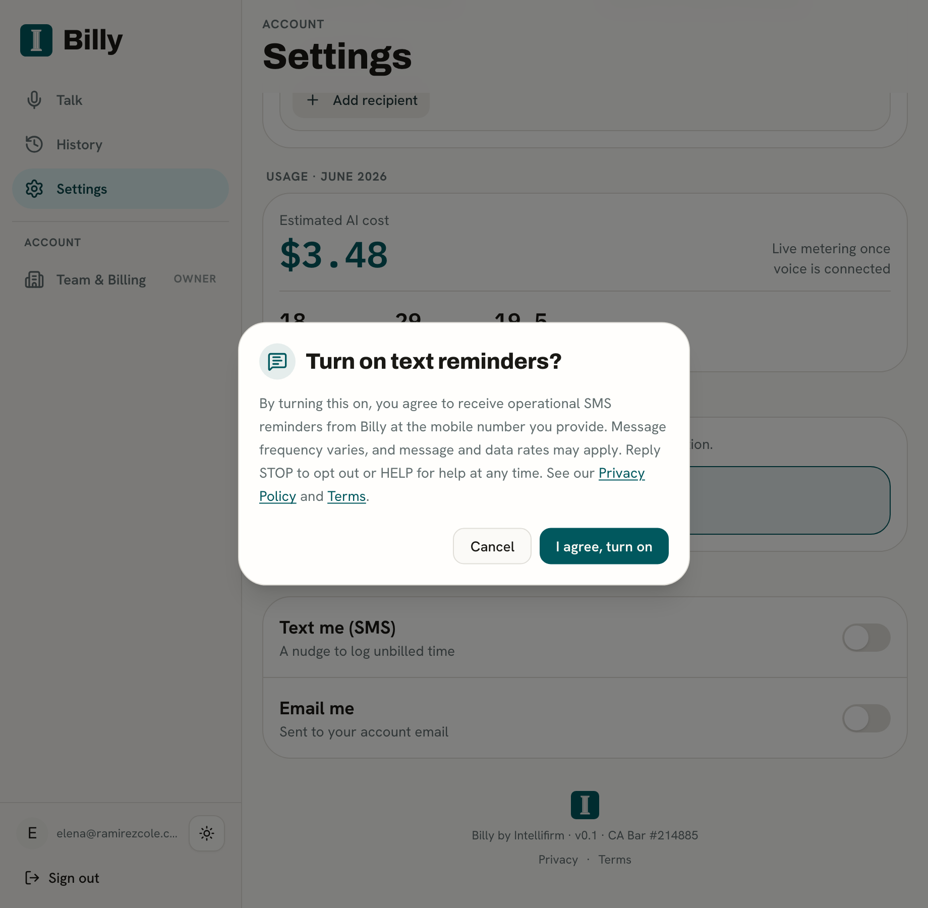 Consent modal titled Turn on text reminders, with full SMS disclosure language and Privacy Policy and Terms links, and an I agree turn on button.