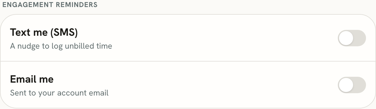 Engagement reminders settings showing the Text me (SMS) toggle in the off position by default.